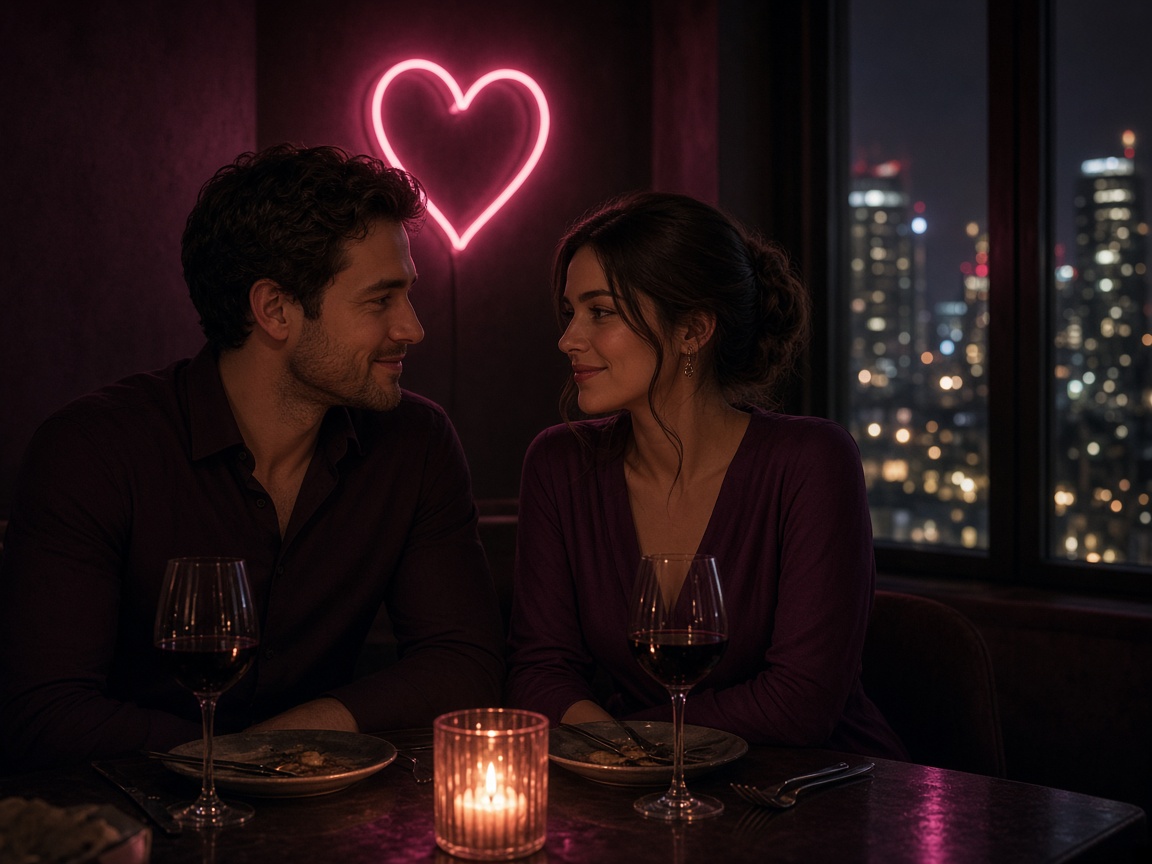 A couple dining at night, city lights and a pink neon heart behind them.